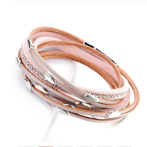 Pink Leather Wrap Bangle Magnet Bracelet - Picture 6 of 7
